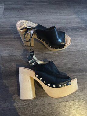 Sam Edelman Chunky Platform Sandals Womens 8.5M Black Leather Slingback Peep Toe